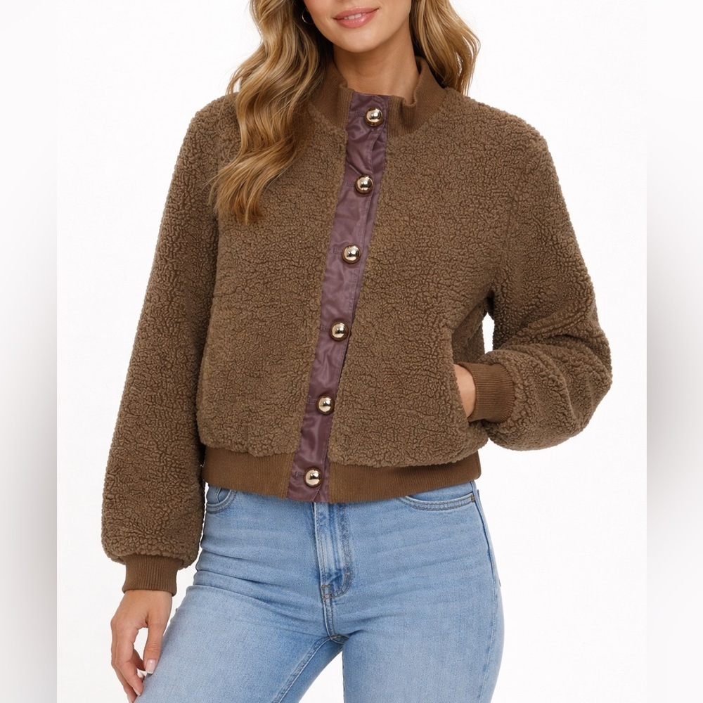 New Jules Kae Ally Short Sherpa Fleece Jacket Faux Fur Brown Sz S